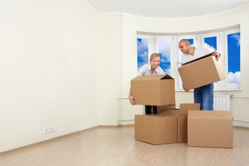 Organised office move with boxes and furniture