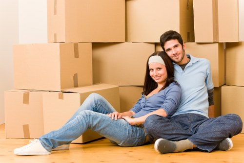 Packed boxes and furniture prepared for a residential move